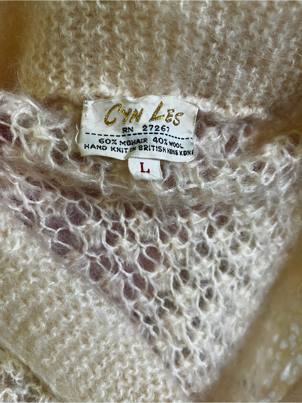 RARE! Vintage 60s Cream Mohair Wool Open-Knit Slouchy Retro Cardigan Sweater L - Picture 11 of 15